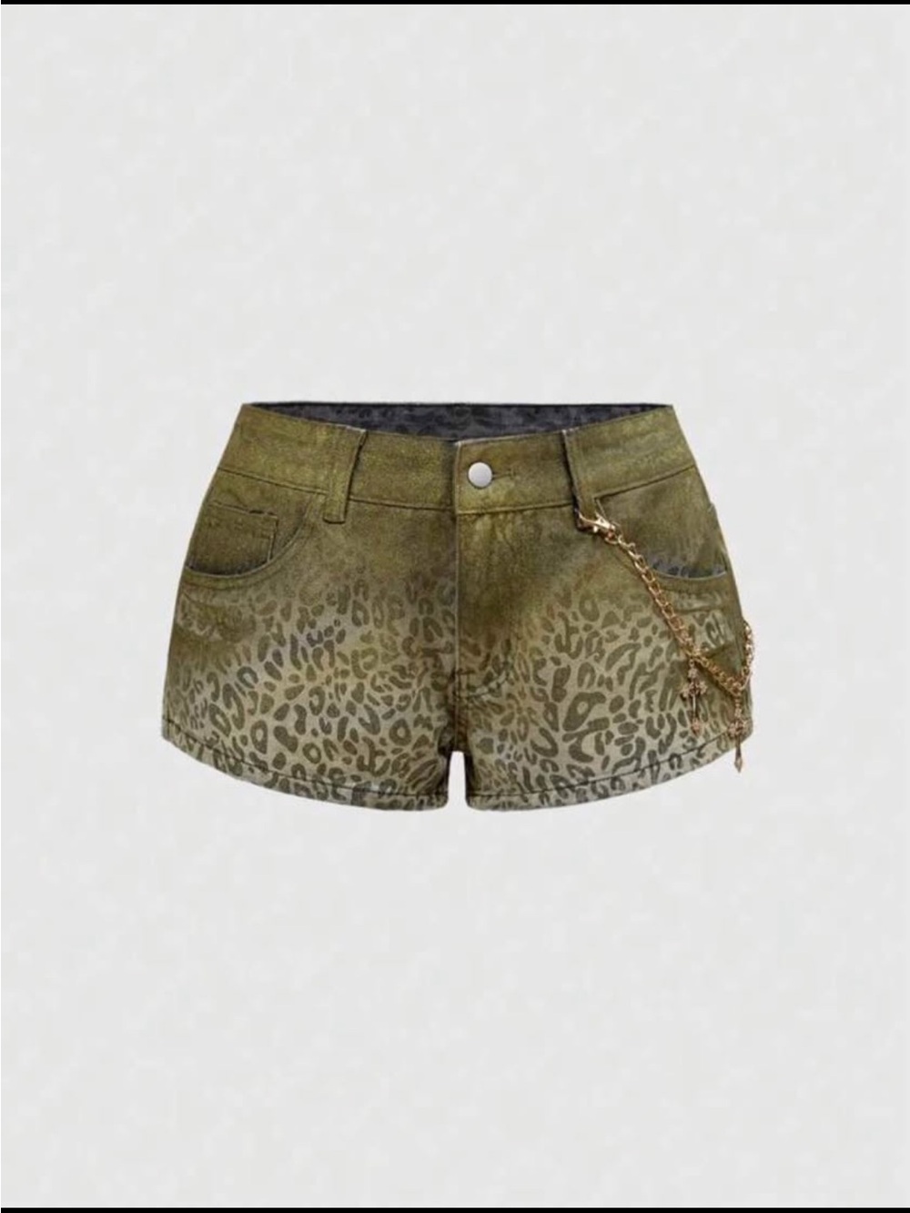 SHEIN Olive Leopard Print Denim Shorts with Chain Detail